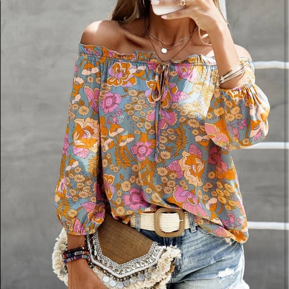 Tops - Boho Floral Print off Shoulder Top Blouse